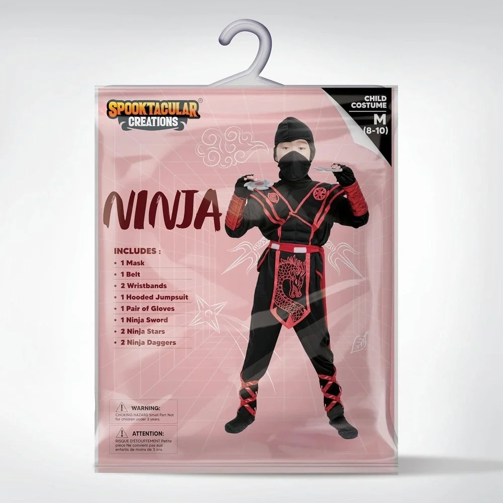 Ninja Costume Kids Size M 8-10 Red Dragon Black Halloween Warrior B2 #2